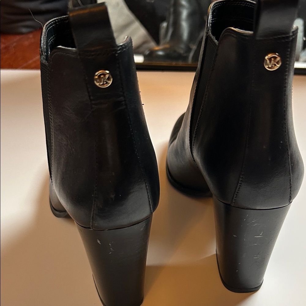 Michael Kors Black Leather Chelsea Block Heel Booties with MK Medallion